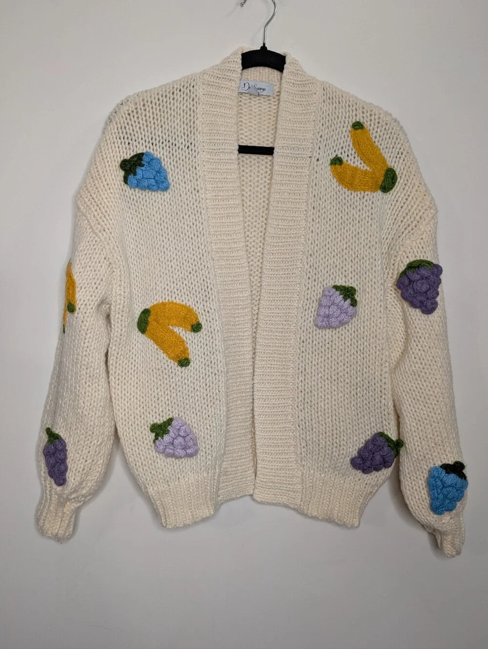 Duchamp 3D Fruit Appliqué Chunky Knit Cardigan Cream One Size